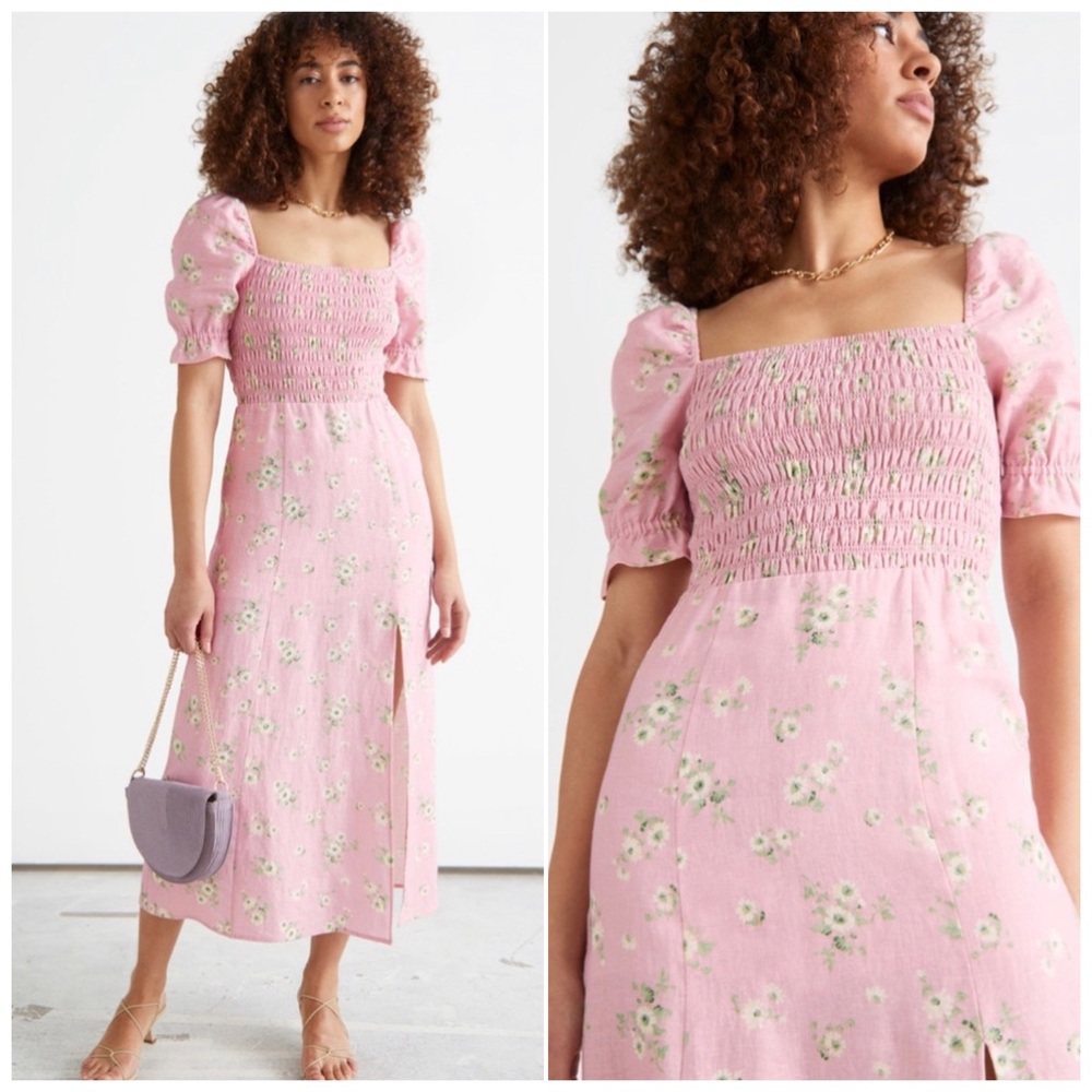 & OTHER STORIES Pink Floral Smocked Printed Puff Sleeve Linen Midi Dress 6